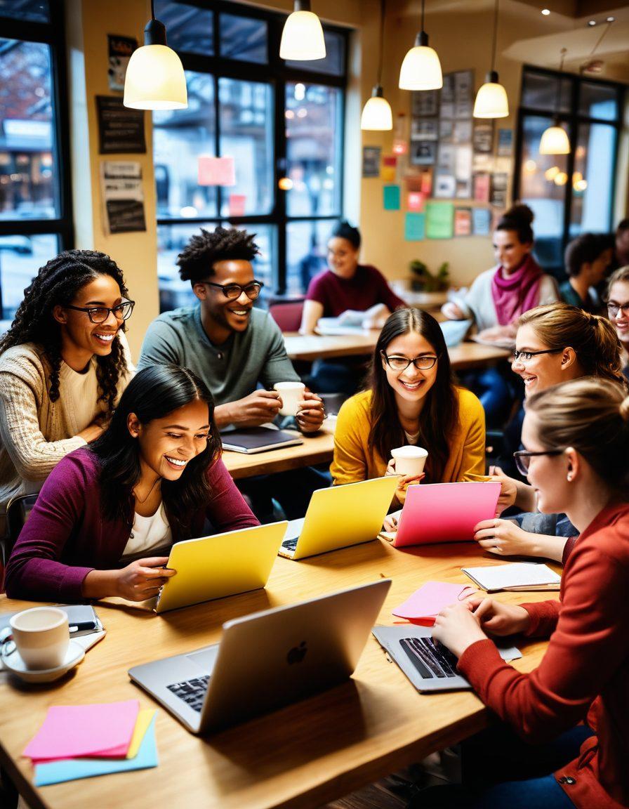 A diverse group of enthusiastic bloggers engaging with their audience in a cozy café setting, surrounded by laptops, coffee cups, and colorful sticky notes with ideas. Bright, warm lighting enhances the lively atmosphere, showcasing expressions of excitement and collaboration. Include social media icons subtly in the background to signify online engagement. super-realistic. vibrant colors. cozy ambiance.