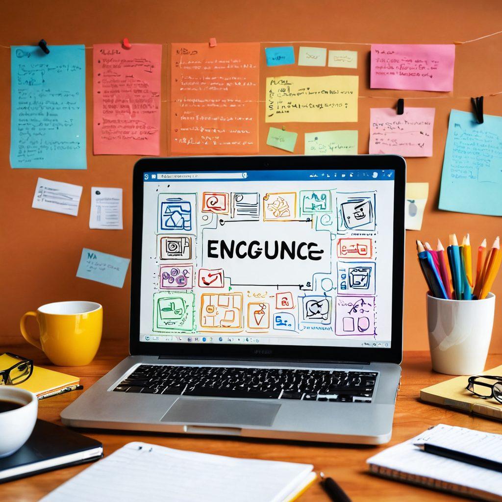 An artistic workspace filled with diverse content creation tools: a laptop with a blog open, colorful notebooks, a cup of coffee, and a mind map on the wall. Include elements of engagement, like audience interaction graphs and social media icons. The lighting should be warm and inviting, sparking creativity. Illustrate a harmonious blend of technology and traditional writing tools. vibrant colors. modern illustration style.